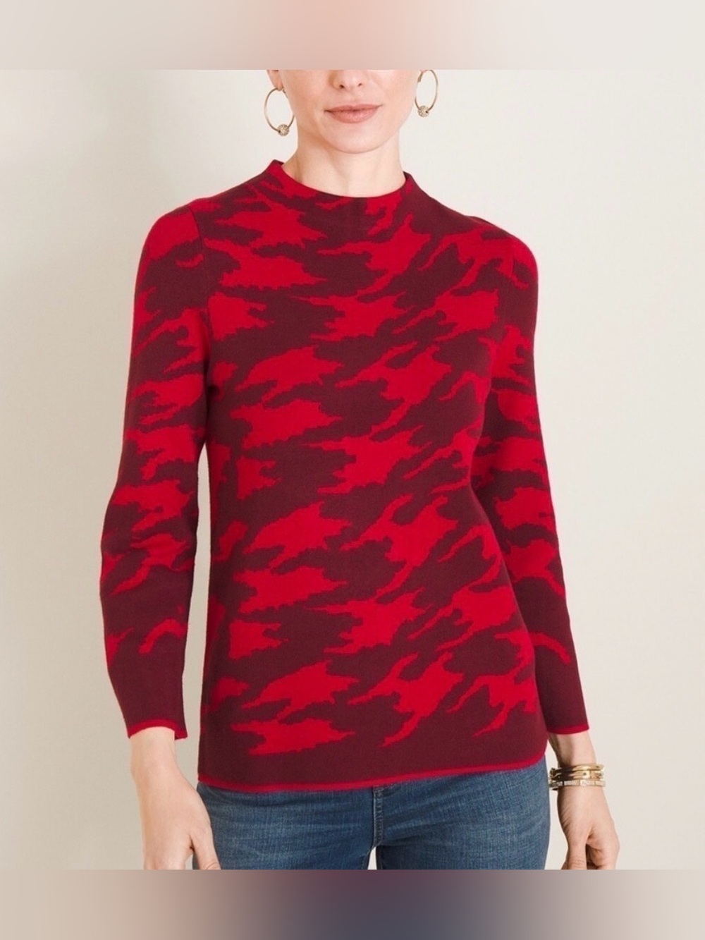 Chico's NWT Red Camo Print Mock Neck Pullover Zip Back Sweater Size 1P Medium